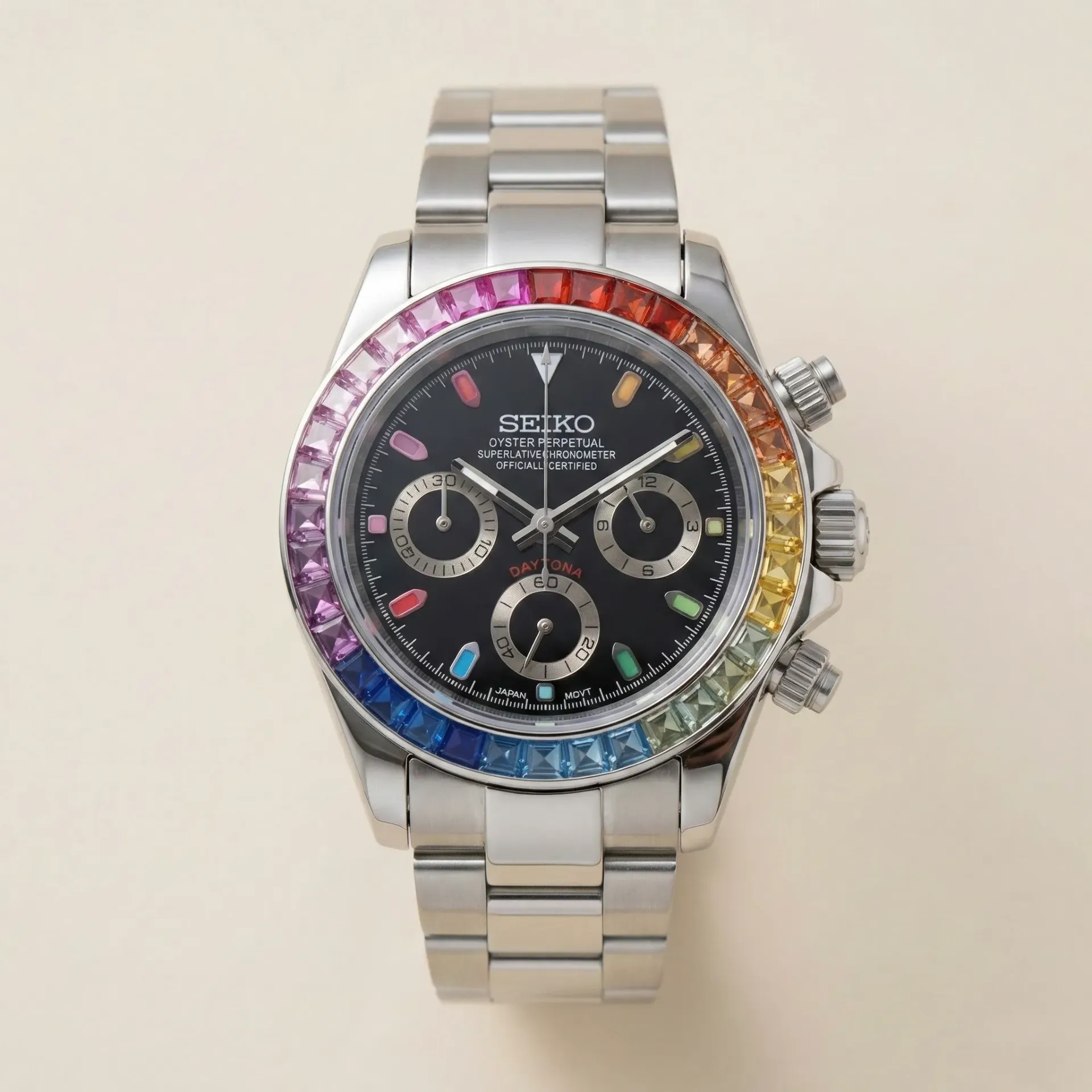 Seiko Mod "Rainbow Daytona" – Renkli Taşlı Bezel & Siyah Kadran