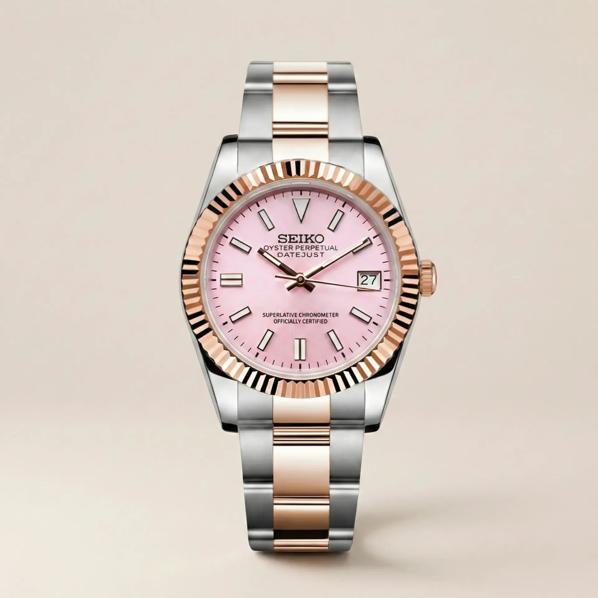 Seiko Mod "Rose Sakura" – Pastel Pembe Kadran & Two-Tone Oyster