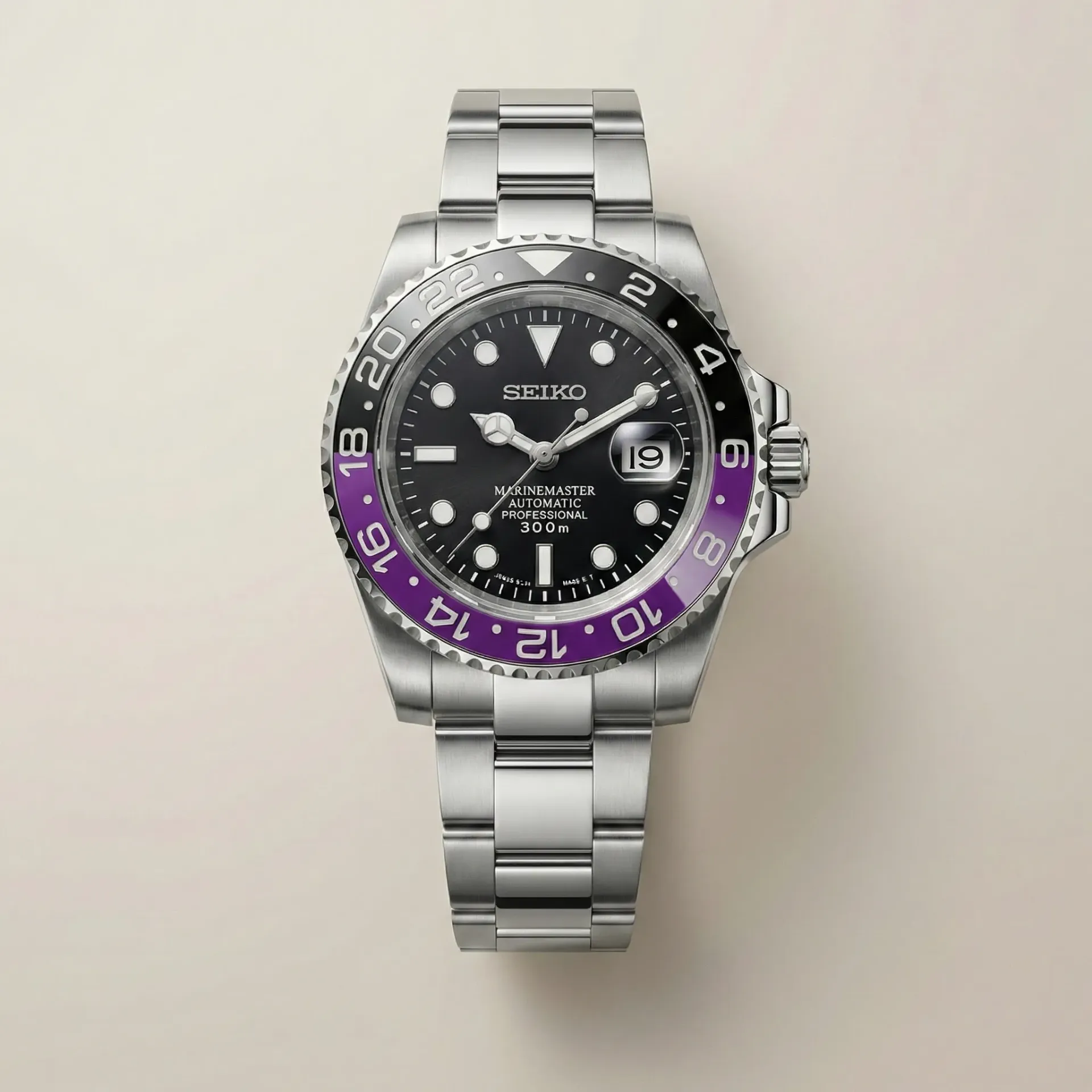 Seiko Mod "Midnight Violet" – Siyah/Mor Seramik Bezel & Oyster Bilezik