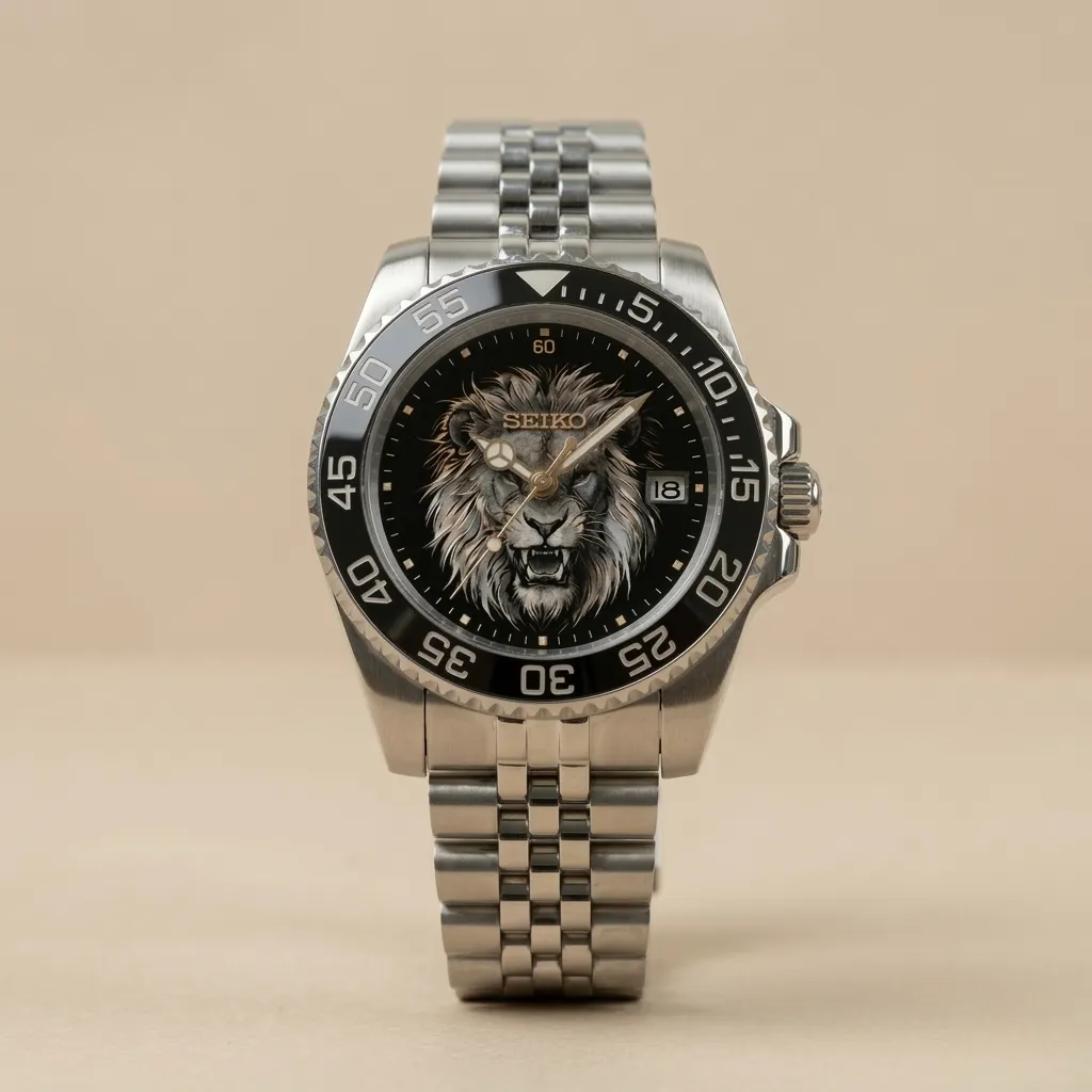 Seiko Mod "Kükreyen Aslan" – Özel Figürlü Siyah Kadran & Jubilee Bilezik