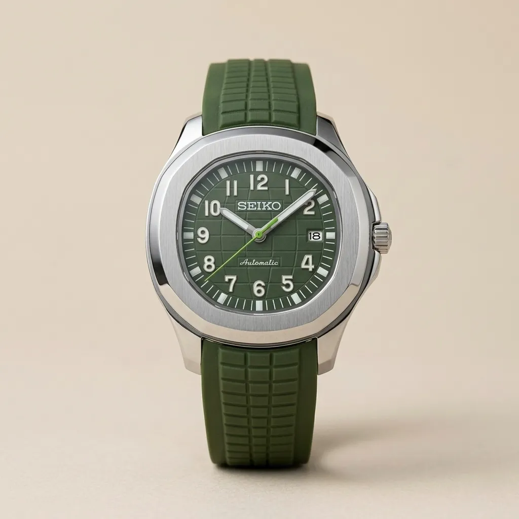 Seiko Mod "Khaki Aquanaut" – Haki Yeşil Kafes Dokulu Kadran & Silikon Kordon