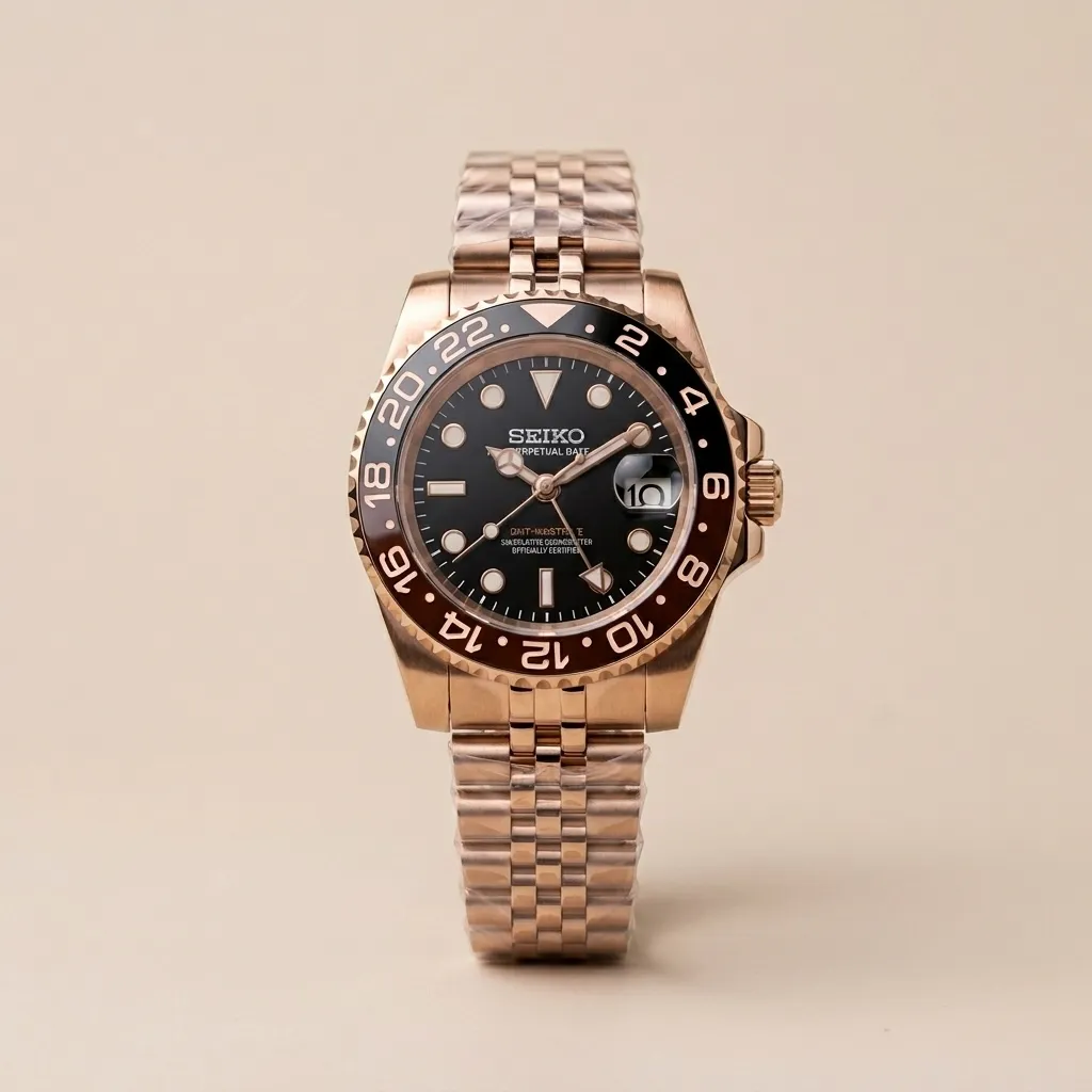 Seiko Mod GMT "Root Beer" – Rose Gold Kasa & Siyah/Kahve Seramik Bezel