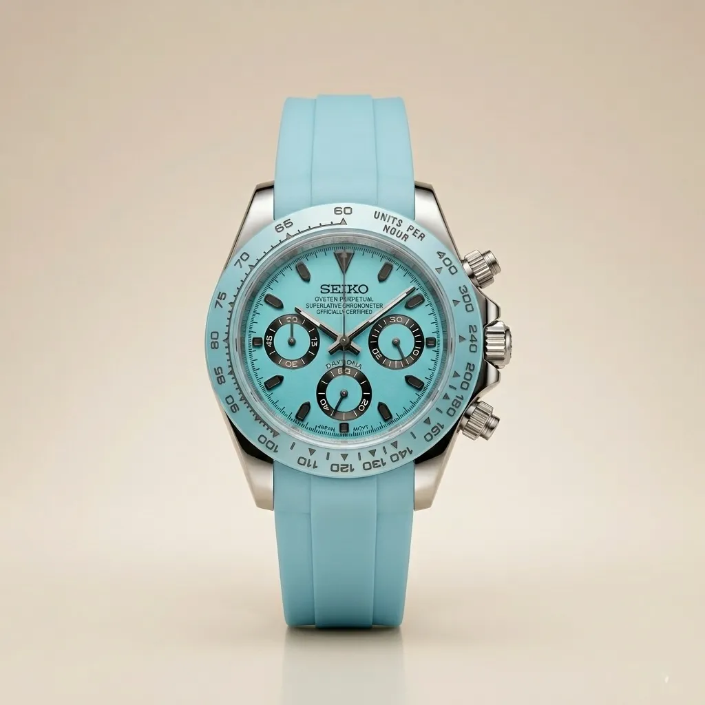 Seiko Mod "Tiffany Chronograph" – Turkuaz Kadran & Uyumlu Kauçuk Kordon