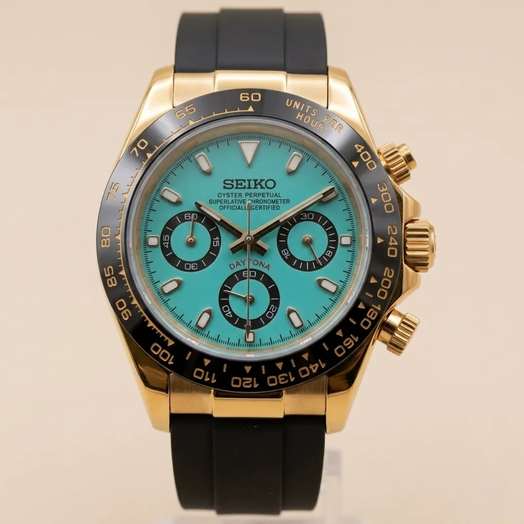 Seiko Mod "Gold Tiffany" Chronograph – Turquoise Dial & Black Rubber Strap