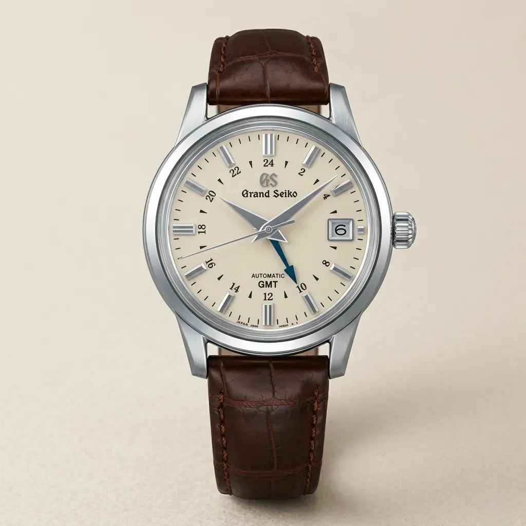 Seiko Mod "Ivory GMT" – Krem Kadran, Mavi GMT Kolu & Deri Kordon