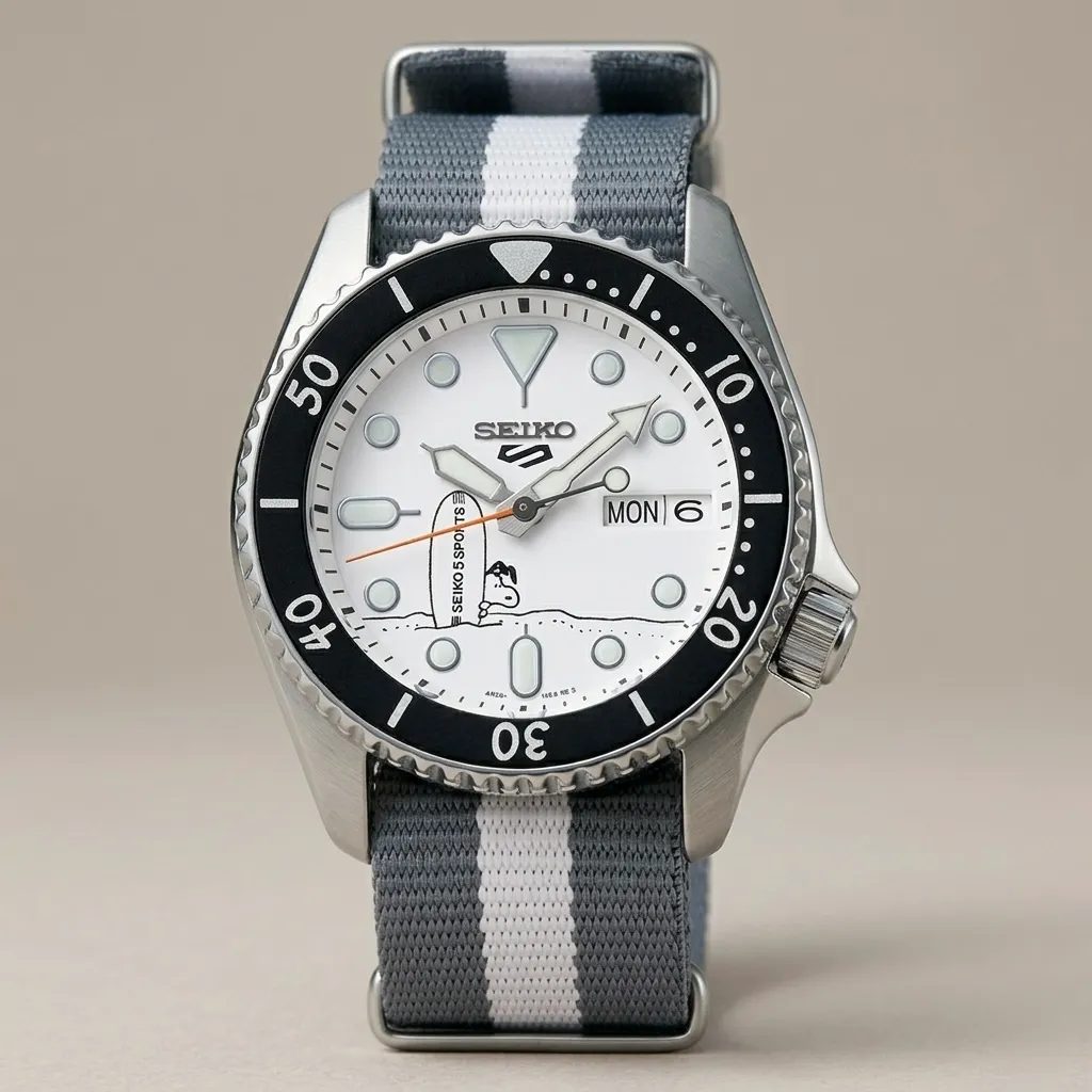 Seiko Mod "Snoopy Surf" – Beyaz Figürlü Kadran & Gri NATO Kordon