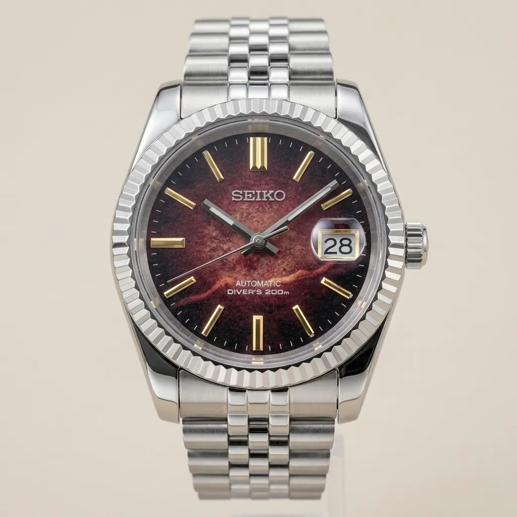 Seiko Mod "Bordeaux Nebula" – Galaxy Textured Dial & Jubilee Bracelet