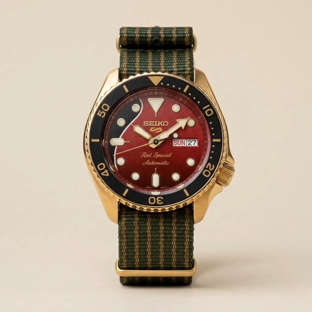 Seiko Mod "Red Special" – Ahşap Dokulu Bordo Kadran & Altın Kasa