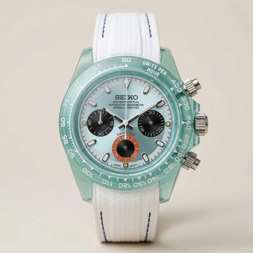 Seiko Mod "Clear Aqua" Chronograph – Şeffaf Mint Kasa & Beyaz Kauçuk Kordon