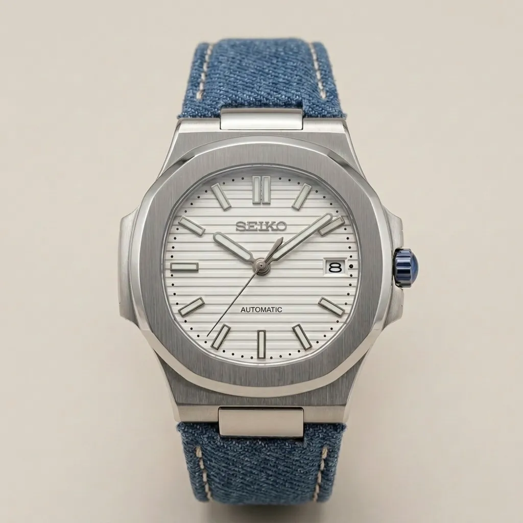 Seiko Mod "Denim Nautilus" – Beyaz Çizgili Kadran & Kot (Jean) Kordon