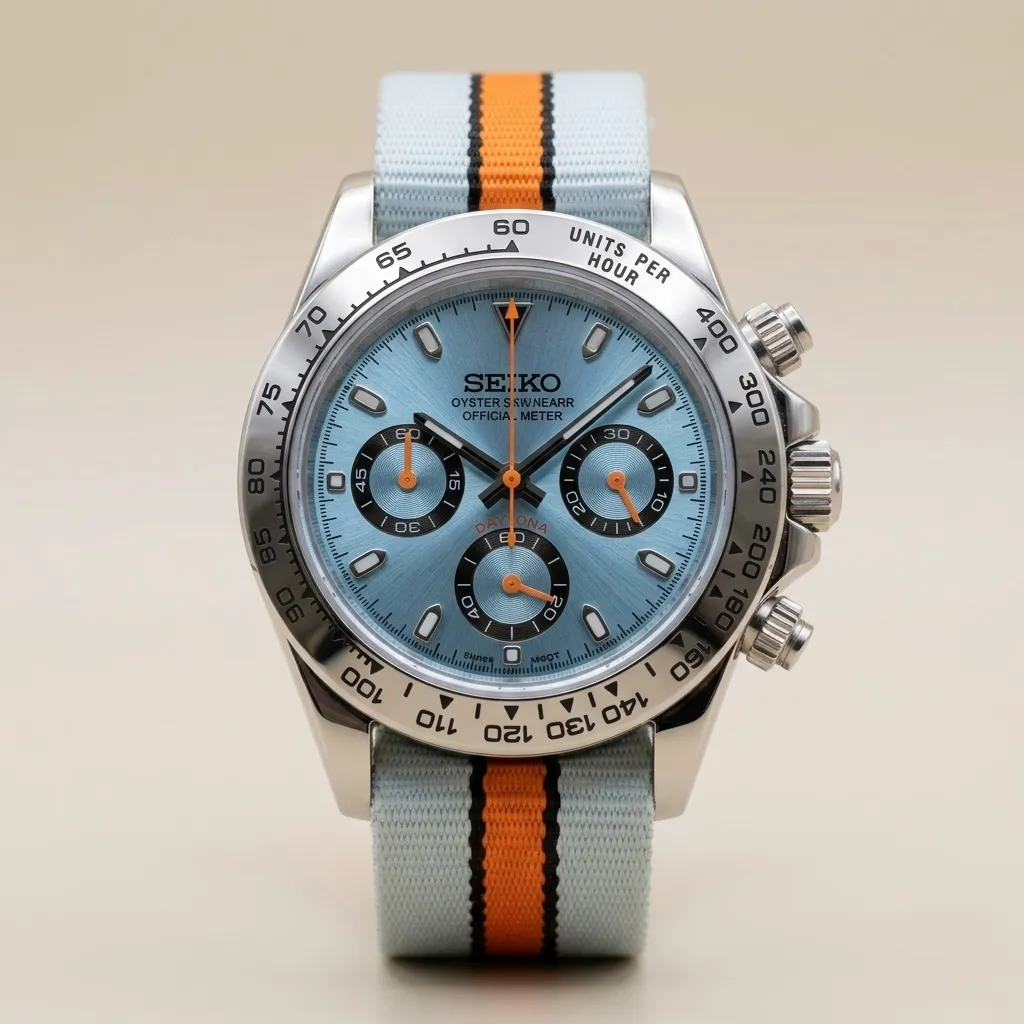 Seiko Mods TR "Gulf Racing" Chronograph – Ice Blue Dial & Striped NATO Strap