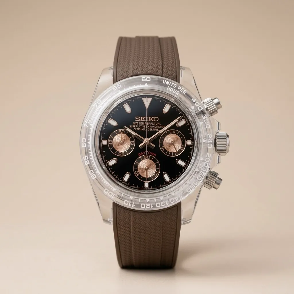 Seiko Mods TR "Choco Crystal" Chronograph – Şeffaf Kasa & Rose Gold Siyah Kadran