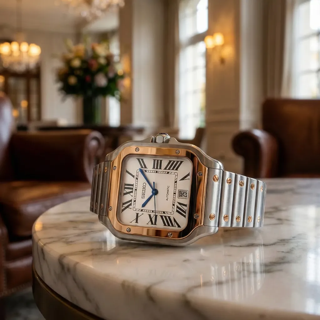 Seiko Mod Santos "Two-Tone" – Altın Bezel & Çelik Kasa (NH35)