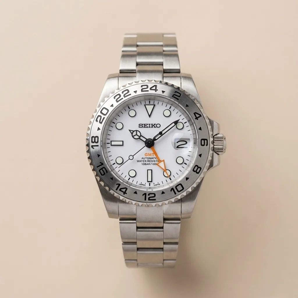 Seiko Mod Explorer 2 – Kutup Beyazı Kadran (Orange GMT)