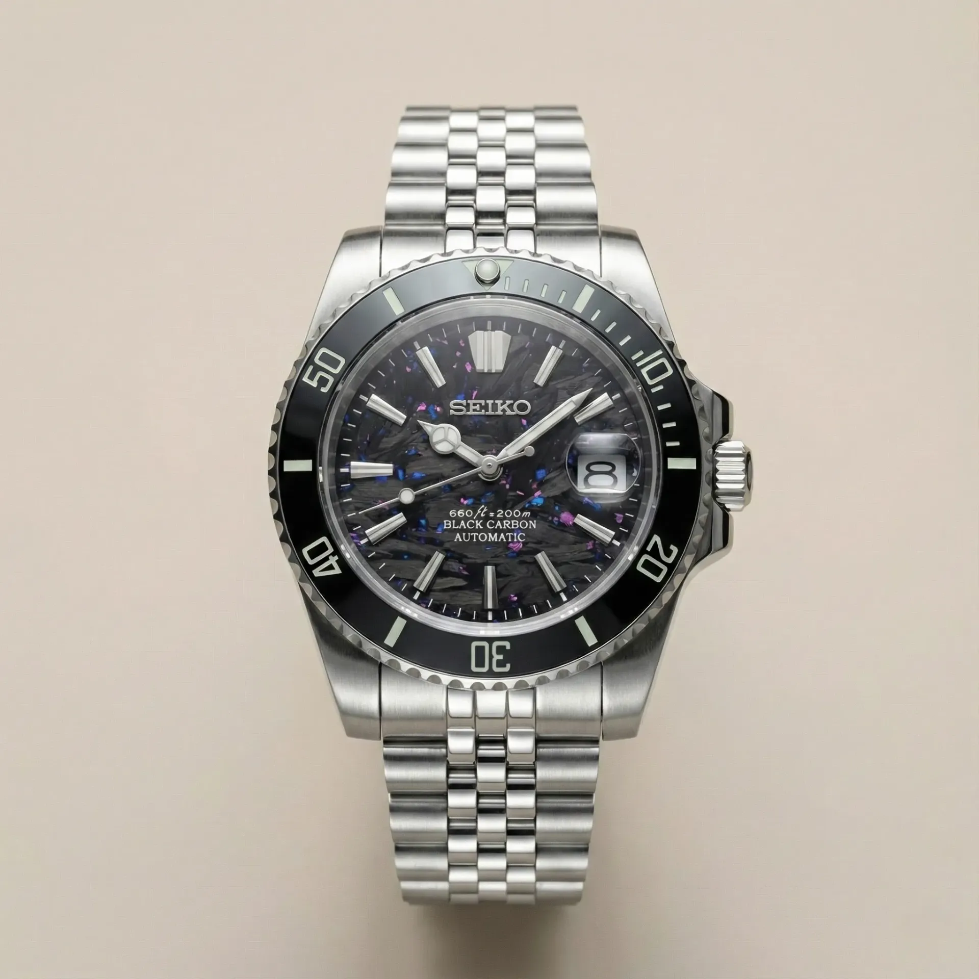 Seiko Mod Submariner "Forged Carbon" – Mor/Mavi Karbon Kadran & Jubilee