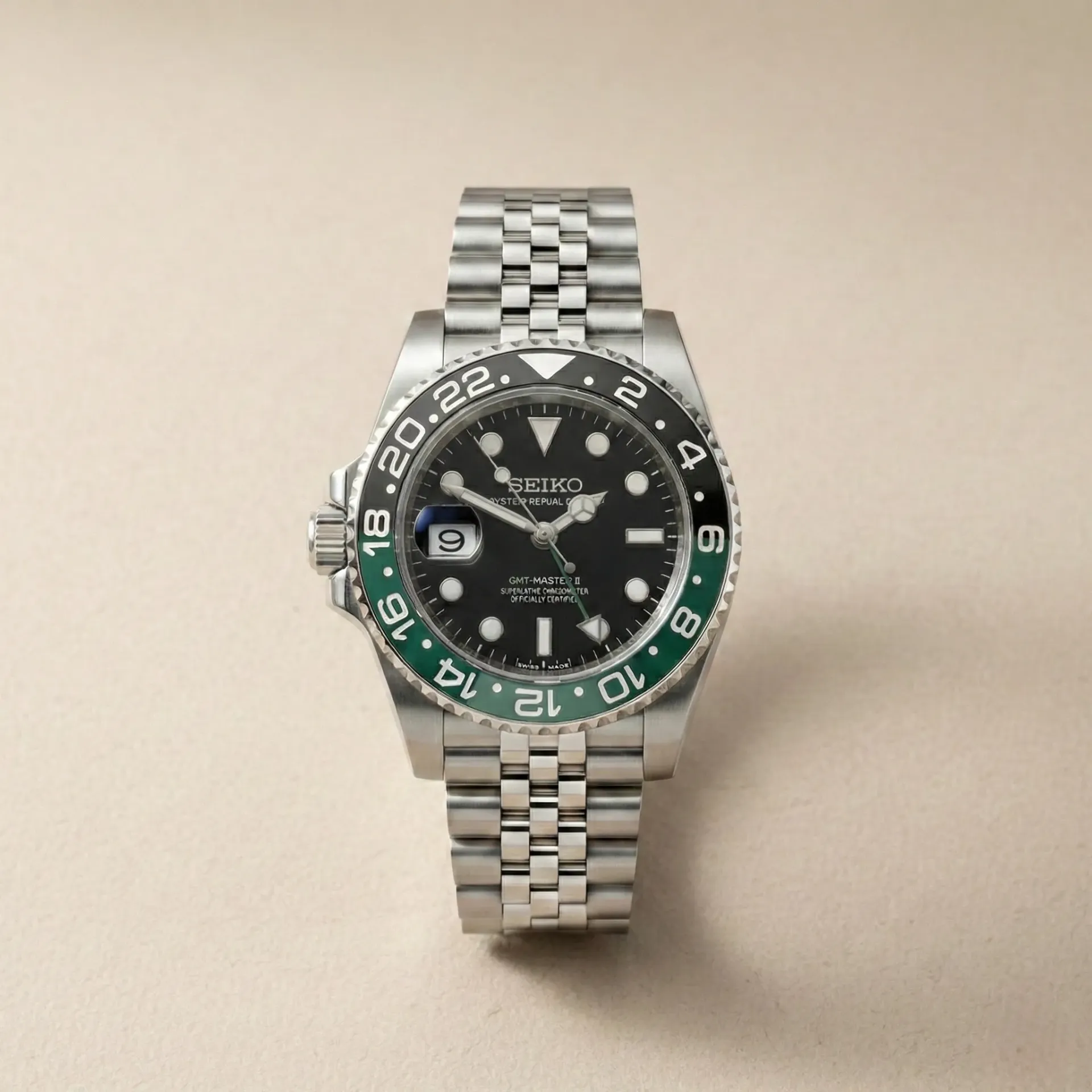 Seiko Mod GMT "Sprite" – Siyah/Yeşil Seramik Bezel & Jubilee Bilezik